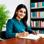 **

A professional woman in a modest, stylish salwar kameez, sitting at a clean desk in a bright, modern office. She is smiling gently while reviewing documents. The background features bookshelves and potted plants. Fully clothed, appropriate attire, safe for work, perfect anatomy, natural proportions, professional, family-friendly.

**