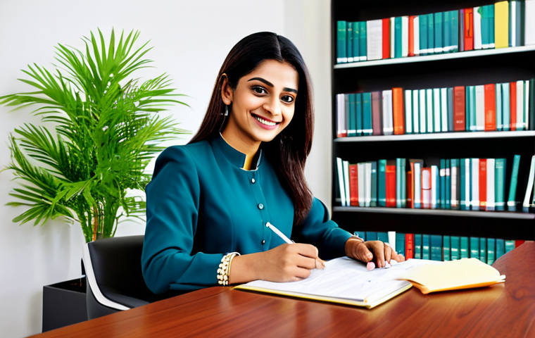 **
A professional woman in a modest, stylish salwar kameez, sitting at a clean desk in a bright, modern office. She is smiling gently while reviewing documents. The background features bookshelves and potted plants. Fully clothed, appropriate attire, safe for work, perfect anatomy, natural proportions, professional, family-friendly.
**