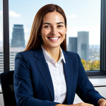 **

A professional businesswoman in a modest business suit, sitting at a desk in a modern office, fully clothed, appropriate attire, safe for work, perfect anatomy, natural proportions, professional photography, high quality, family-friendly. The office should have a bright, positive atmosphere with a city skyline visible through the window. She is smiling confidently.

**