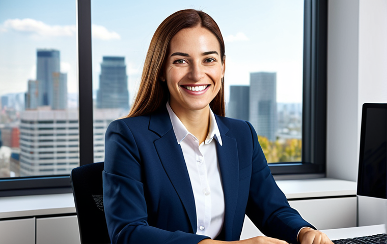 **
A professional businesswoman in a modest business suit, sitting at a desk in a modern office, fully clothed, appropriate attire, safe for work, perfect anatomy, natural proportions, professional photography, high quality, family-friendly. The office should have a bright, positive atmosphere with a city skyline visible through the window. She is smiling confidently.
**