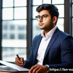 Home 22 내적 동기를 반영한 경력 목표 설정 - A thoughtful young Bengali professional in a modern office setting, surrounded by books and a laptop...