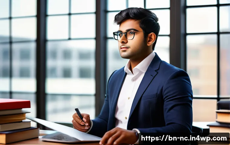 내적 동기를 반영한 경력 목표 설정 - A thoughtful young Bengali professional in a modern office setting, surrounded by books and a laptop...