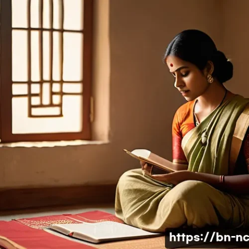 Home 33 내적 동기를 위한 목표 설정 워크샵 - A serene and introspective Bengali woman sitting cross-legged on a traditional woven mat in a softly...