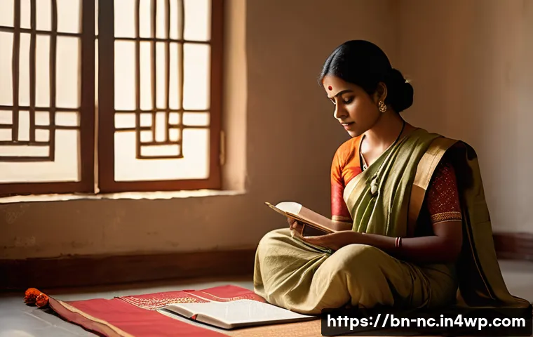 내적 동기를 위한 목표 설정 워크샵 - A serene and introspective Bengali woman sitting cross-legged on a traditional woven mat in a softly...