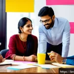 Home 20 내적 동기와 직업 만족도 관계 - A modern Bengali office environment showing a diverse group of professionals engaged in a creative b...