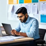 Home 18 내적 동기를 반영한 이력서 작성법 - A professional Bengali man sitting at a modern desk, attentively reviewing a resume on a sleek lapto...