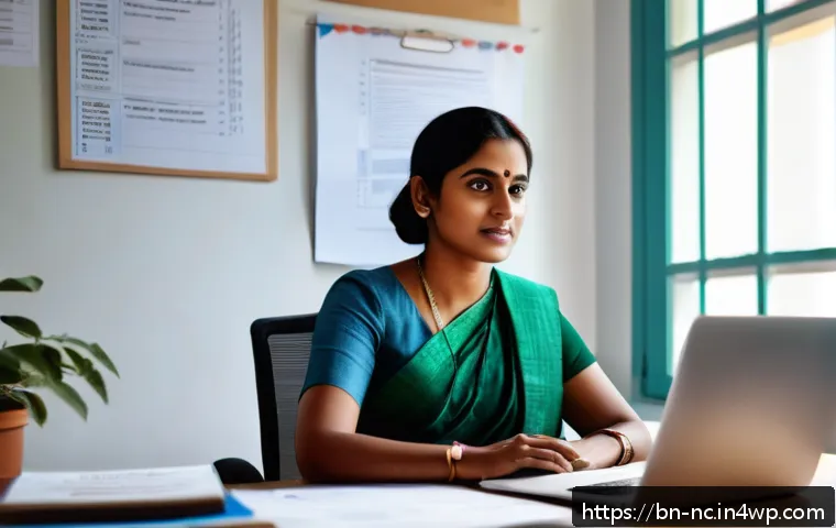 내적 동기와 직무 적합성 평가 - A focused Bengali professional woman sitting at a tidy office desk with natural light streaming in, ...